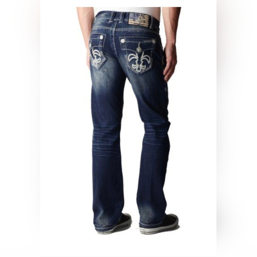Classic Dark Blue Bootcut Jeans with Distressing and Contrasting Stitching